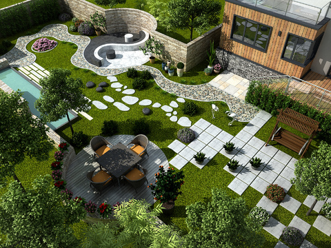 Modern villa courtyard garden bird's eye view