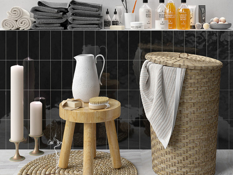 Bathroom products Dirty clothes basket Towel Shampoo