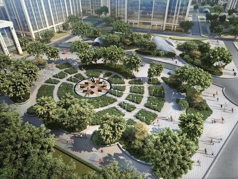 Modern office park central landscape bird's eye view