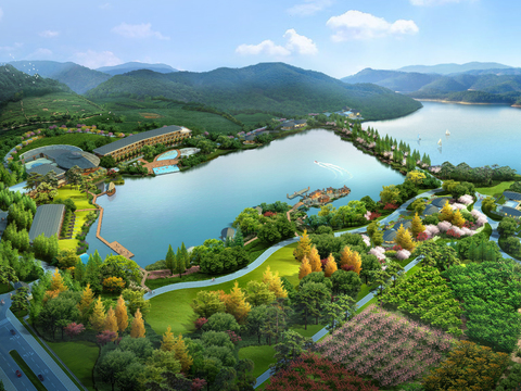 Neo-Chinese Style wetland garden bird's eye view psd