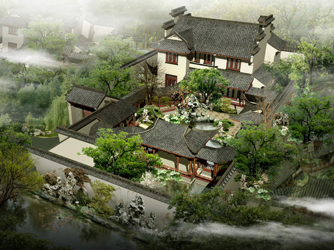 Neo-Chinese Style courtyard house appearance bird's eye view psd