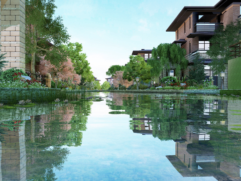 Modern villa with flowing water landscape