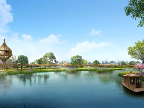 Neo-Chinese Style river boat park landscape psd