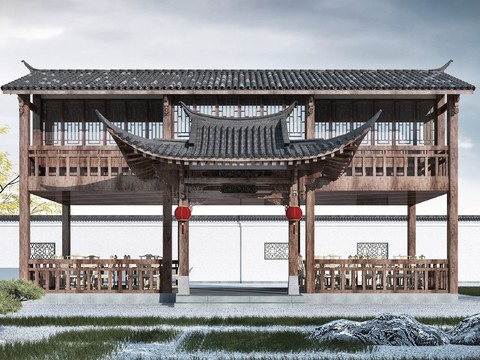 Chinese-style ancient building double-deck promenade door head