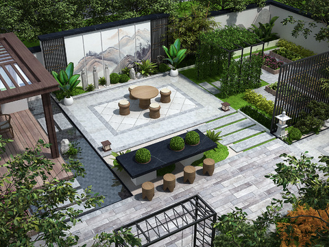 New Chinese Villa Courtyard Garden