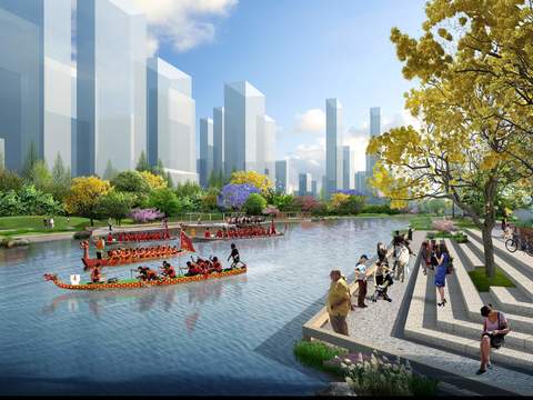 Modern River Rowing Dragon Boat Garden Landscape psd