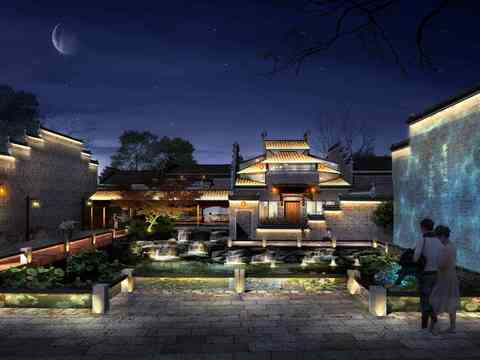 Neo-Chinese Style garden landscape night scene psd