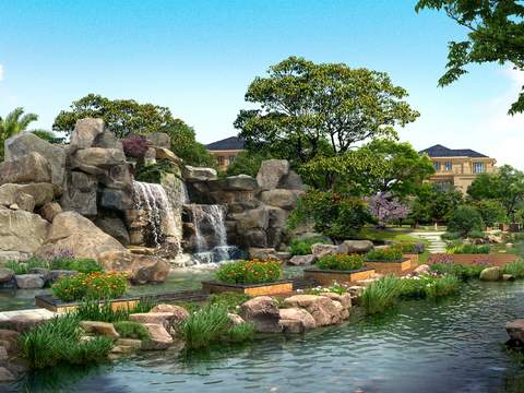 modern wetland park fake stone flowing water psd