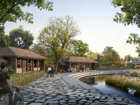 Chinese thatched cottage wetland landscape psd