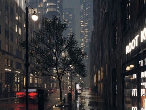 Modern Street Building Appearance Rain Scene