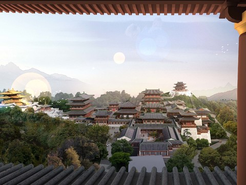 new chinese ancient temple bird's eye view psd