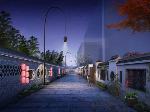 Neo-Chinese Style road bridge night scene psd