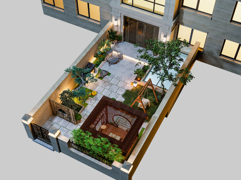 Modern villa garden courtyard bird's eye view