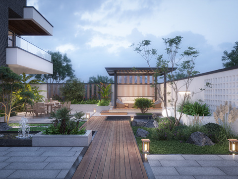 Modern villa courtyard night view