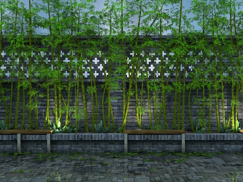 Neo-Chinese Style bamboo brick wall landscape sketch