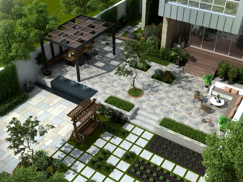 Modern villa courtyard garden bird's eye view