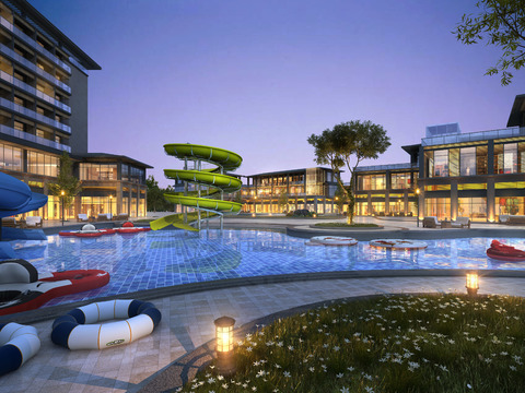 Night view of outdoor Natatorium in modern residential area