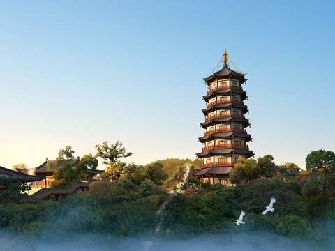 Chinese ancient pagoda landscape psd