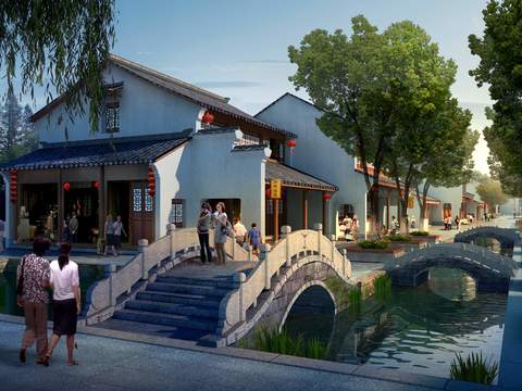 Neo-Chinese Style commercial street landscape psd