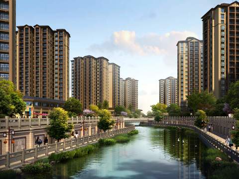 residential buildings along the river psd