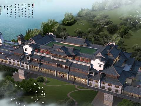 Neo-Chinese Style ancient building bird's eye view psd