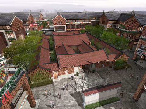 Chinese ancient building folk appearance bird's eye view landscape psd