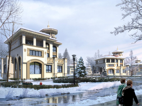 European residential building exterior snow scene