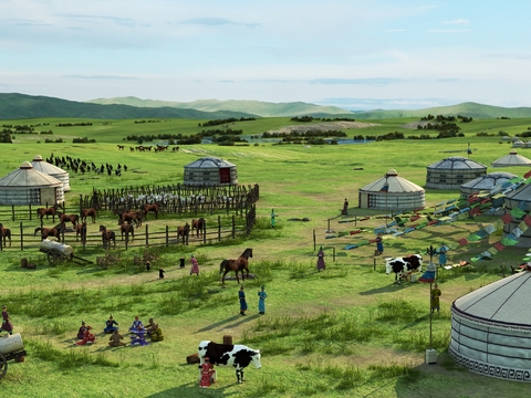 Modern yurt grassland pasture landscape