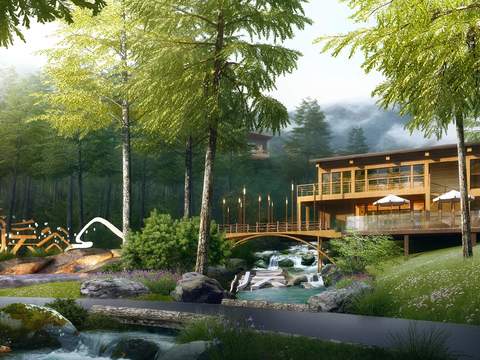 New Chinese Courtyard Creek Landscape psd