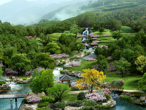 chinese park landscape bird's eye view psd