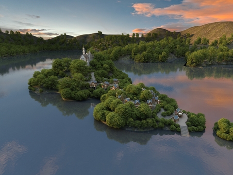 European Lake Villa Residential Landscape