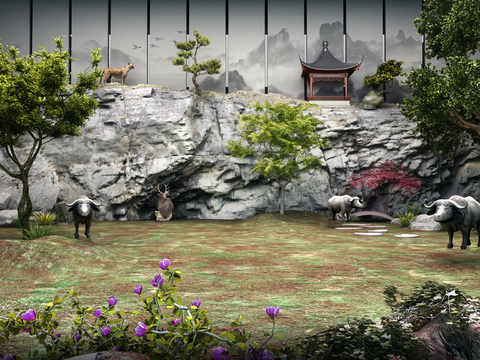 Chinese-style pavilion on mountain wall with animal and plant landscaping