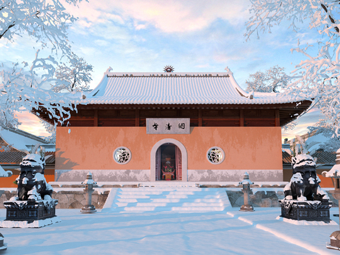 Chinese Ancient Temple Snow Landscape Appearance