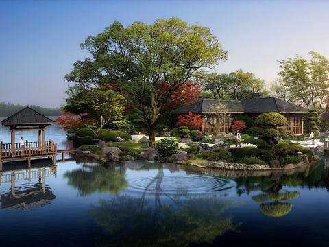 Neo-Chinese Style lakeside pavilion pavilion psd