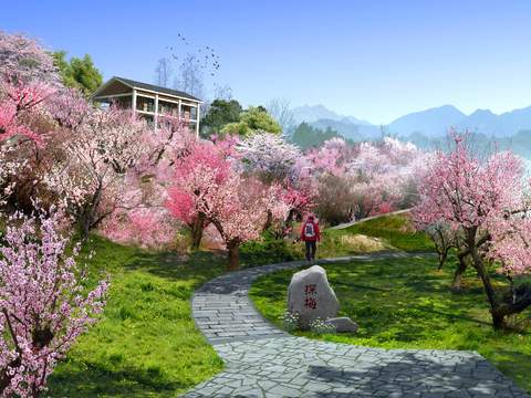 Neo-Chinese Style peach blossom tree park garden psd