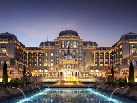 European-style luxury hotel exterior night view