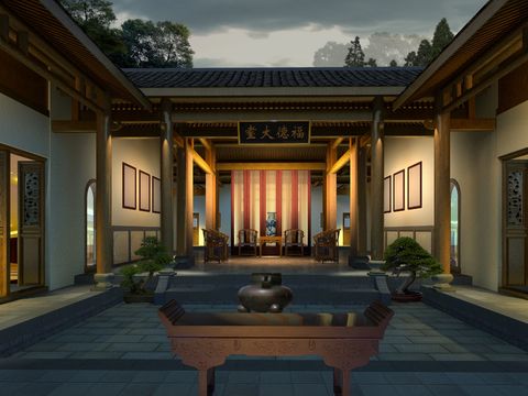 Chinese ancient atrium night scene psd