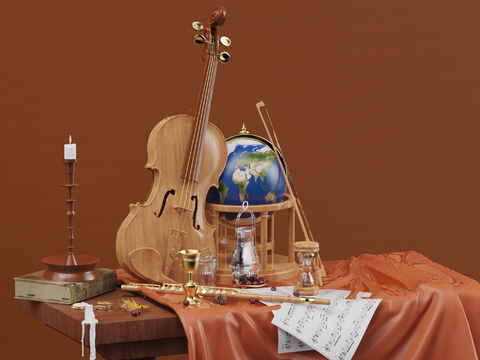 desktop ornaments violin music score hourglass globe