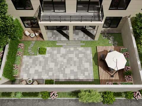 Modern villa courtyard garden bird's eye view