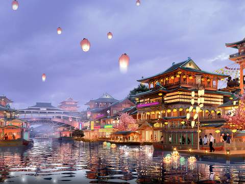 New Chinese River Boat Lantern Landscape psd