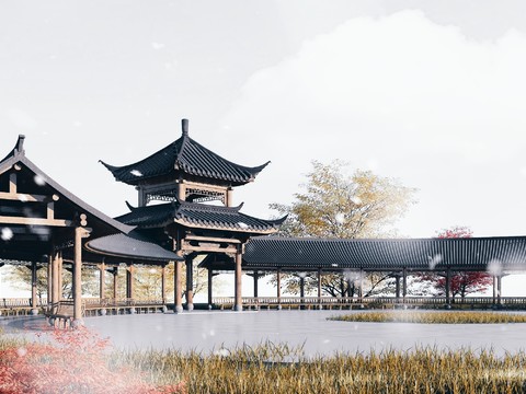 Chinese-style ancient curved promenade pavilion