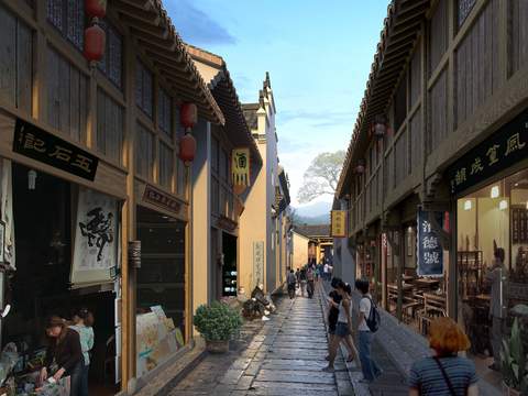 Neo-Chinese Style commercial street atrium landscape psd