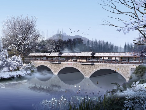 Chinese style snow landscape bridge garden landscape psd