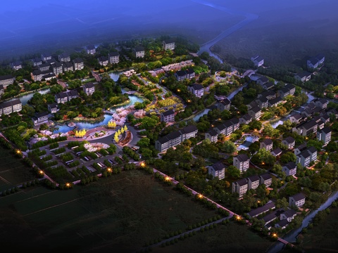 new chinese residential building appearance bird's eye view night scene psd