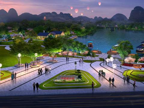 New Chinese-style park with lanterns by the river bird's-eye view of psd