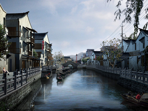 Neo-Chinese Style river Chinese Ancient Architecture appearance psd