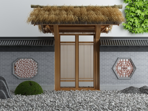 New Chinese-style Thatch Door Window Courtyard Wall