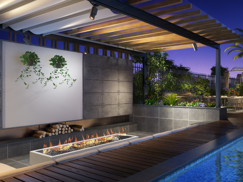 Modern Pool Courtyard Garden Night View