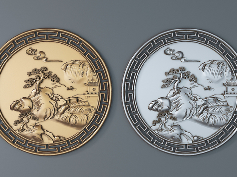 New Chinese Metal Round Landscape Relief