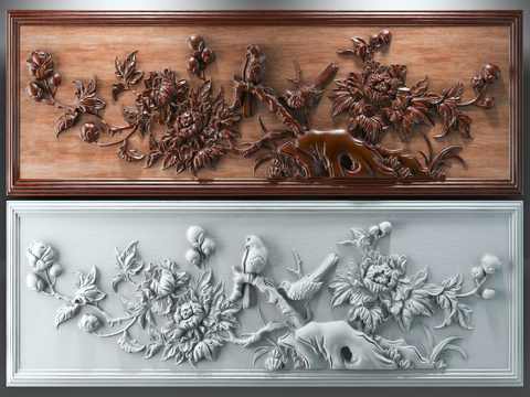 Chinese-style flower and bird wood carving